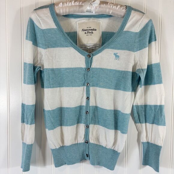 Vintage Abercrombie & Fitch Womens Cardigan Blue Striped Size L Y2K Logo Preppy - Picture 1 of 10